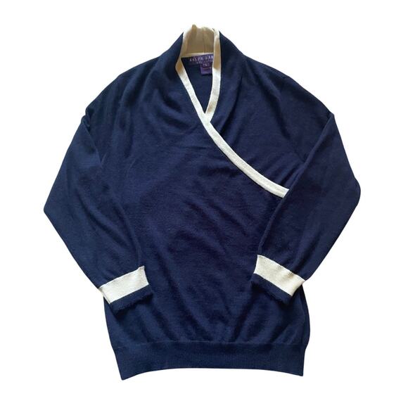 Ralph Lauren Purple Label Women/Teens Cashmere Wrap dark Blue/cream accent Large - Picture 1 of 8